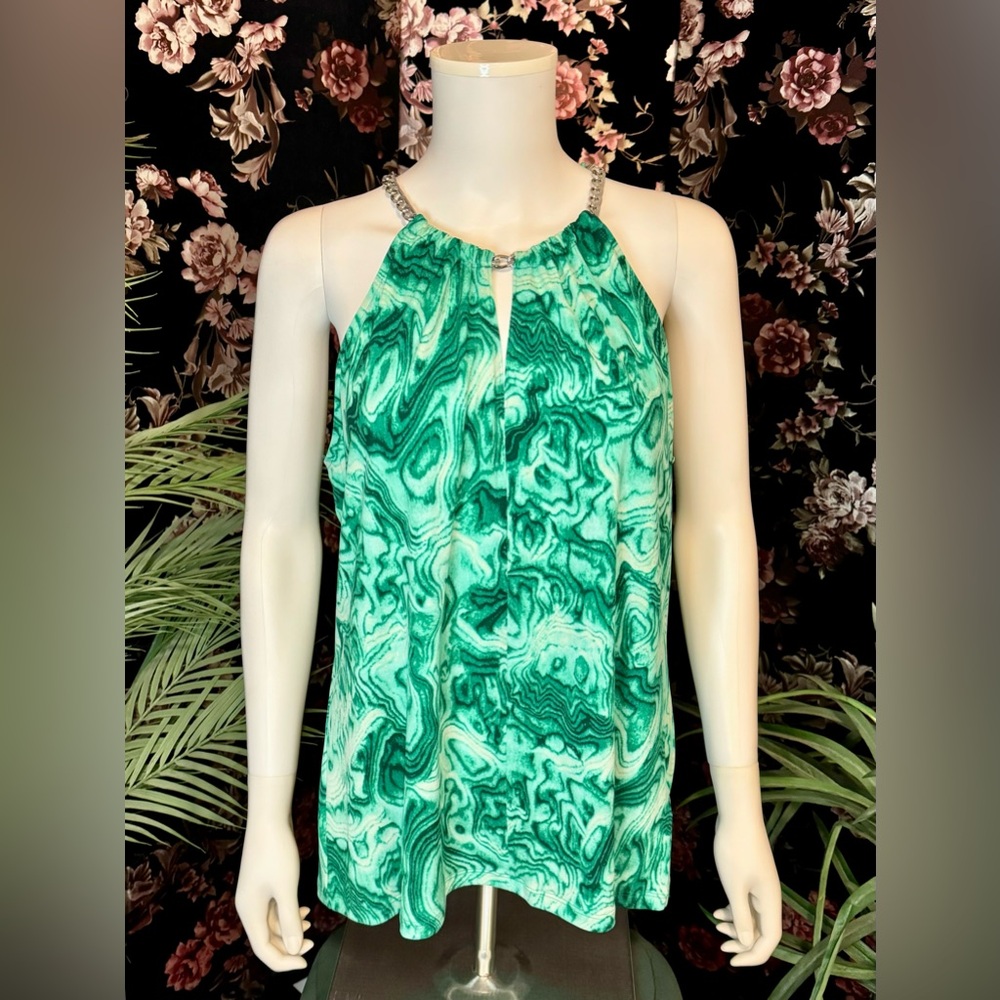 Michael Kors Green Marble Print Silver Tone Chain Neck Sleeveless Top Sz XL